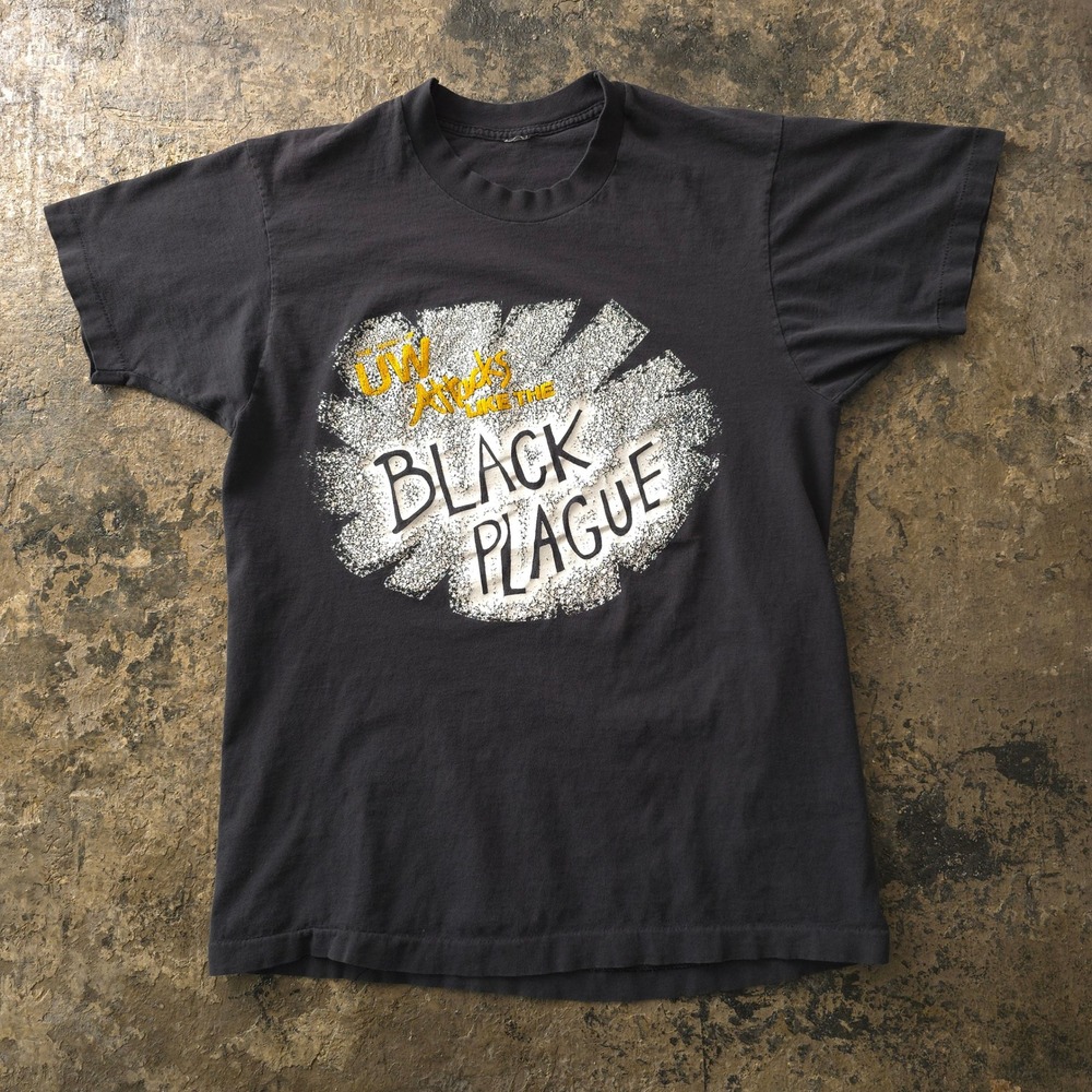 Vintage 80s Black T-shirt Large UW Attacks Like The Black Plague Made in USA
